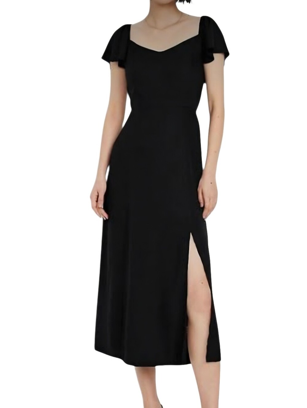 Old Navy Midi Dress L Black Flutter Sleeve Thigh Slit Smocked Sweetheart Neck